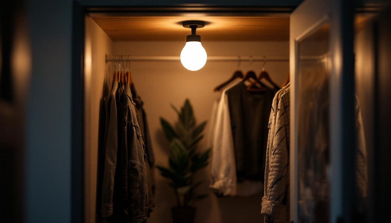 A photograph of a well-lit closet featuring a stylish led pull chain light in action