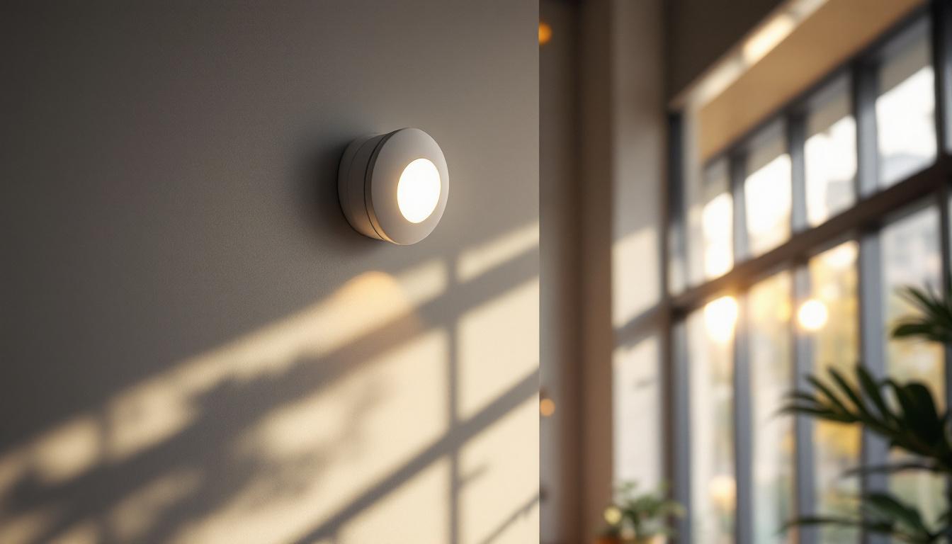 A photograph of a modern daylight sensor installed in a well-lit indoor environment