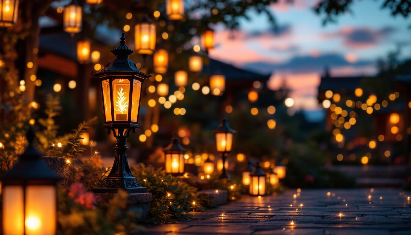 A photograph of a beautifully illuminated outdoor space featuring various styles of lantern lights