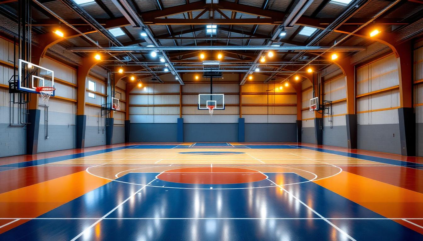A photograph of a well-designed indoor barn basketball court featuring high-quality lighting