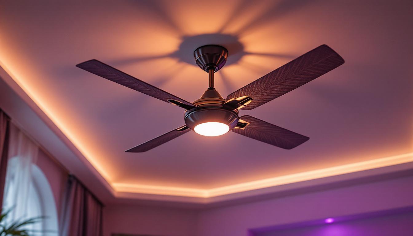 A photograph of a stylish decorative ceiling fan with integrated lighting