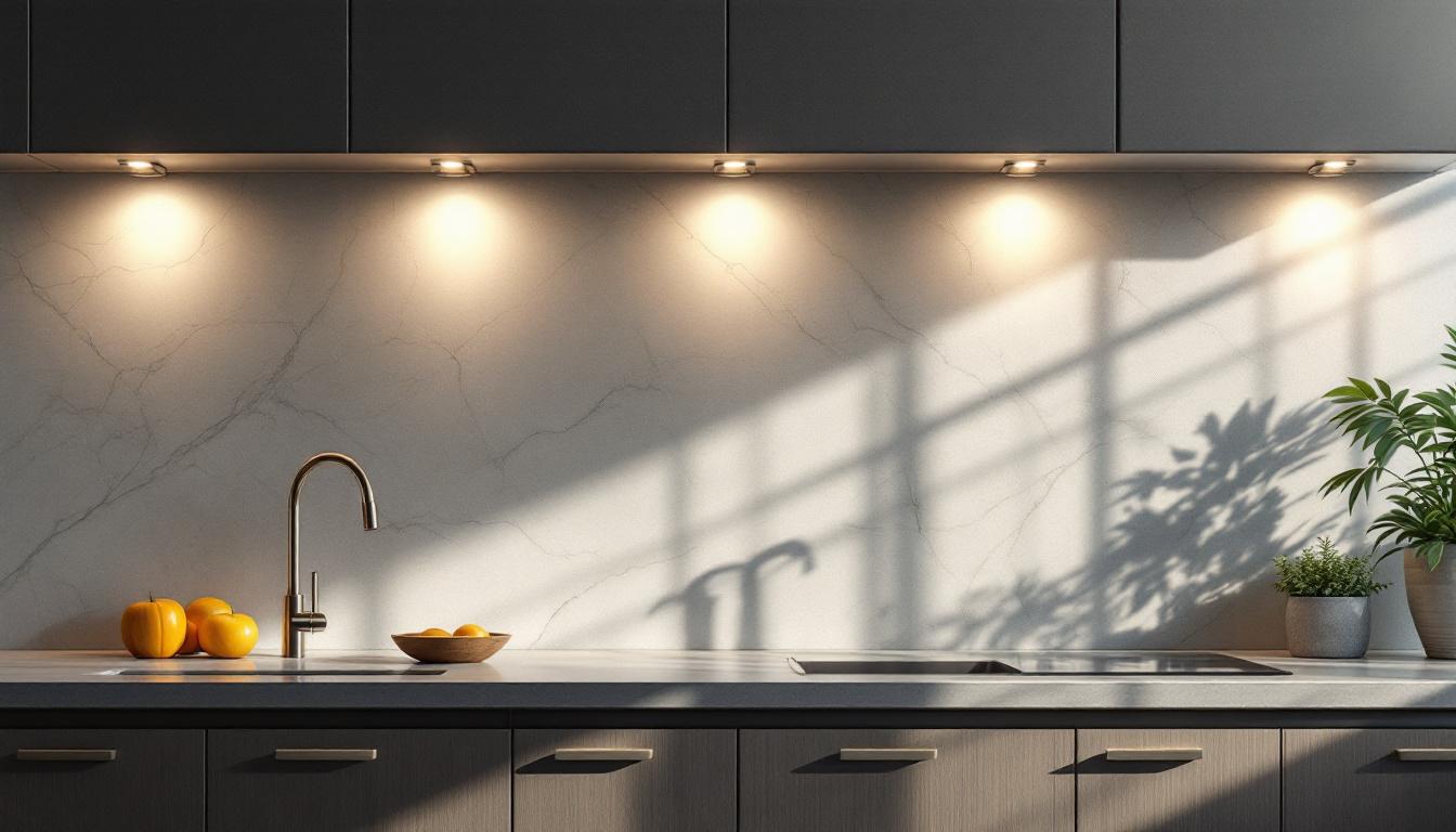 A photograph of a well-designed kitchen backsplash illuminated by stylish lighting fixtures