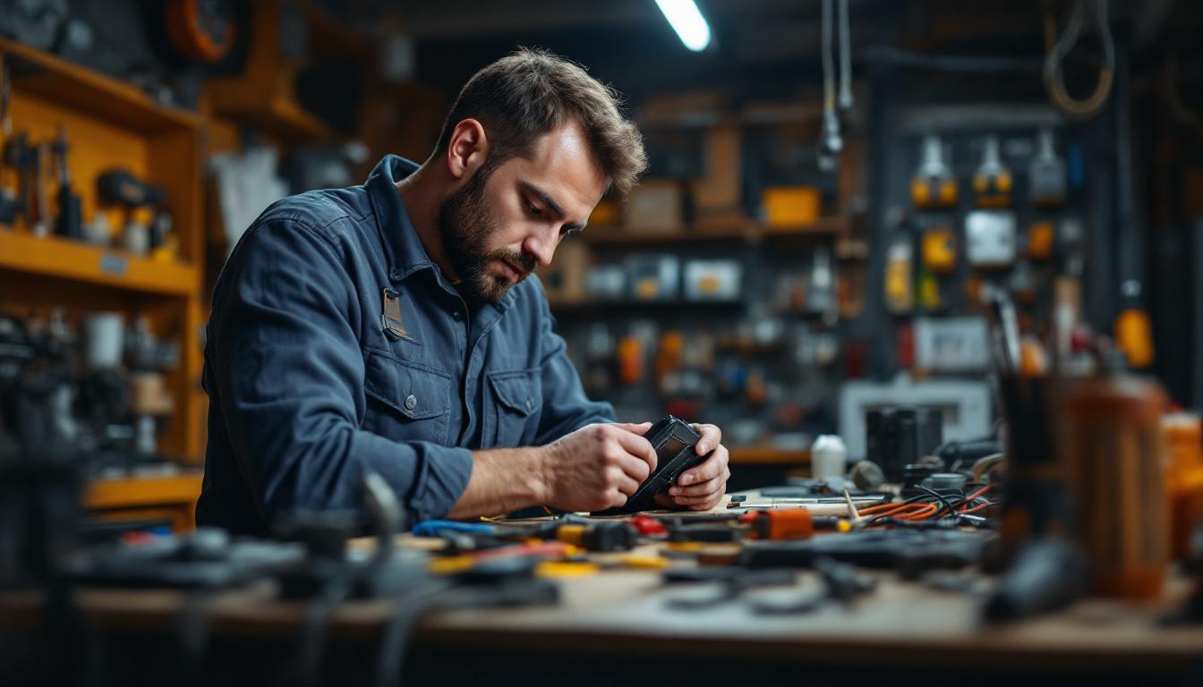 A photograph of a skilled electrical engineer working with a j box extender in a well-equipped workshop
