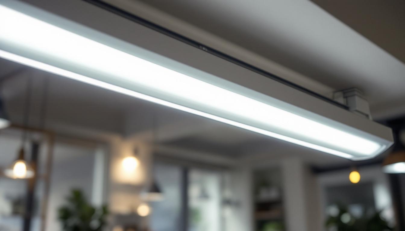 A photograph of a t8 fluorescent ballast installed in a well-lit environment