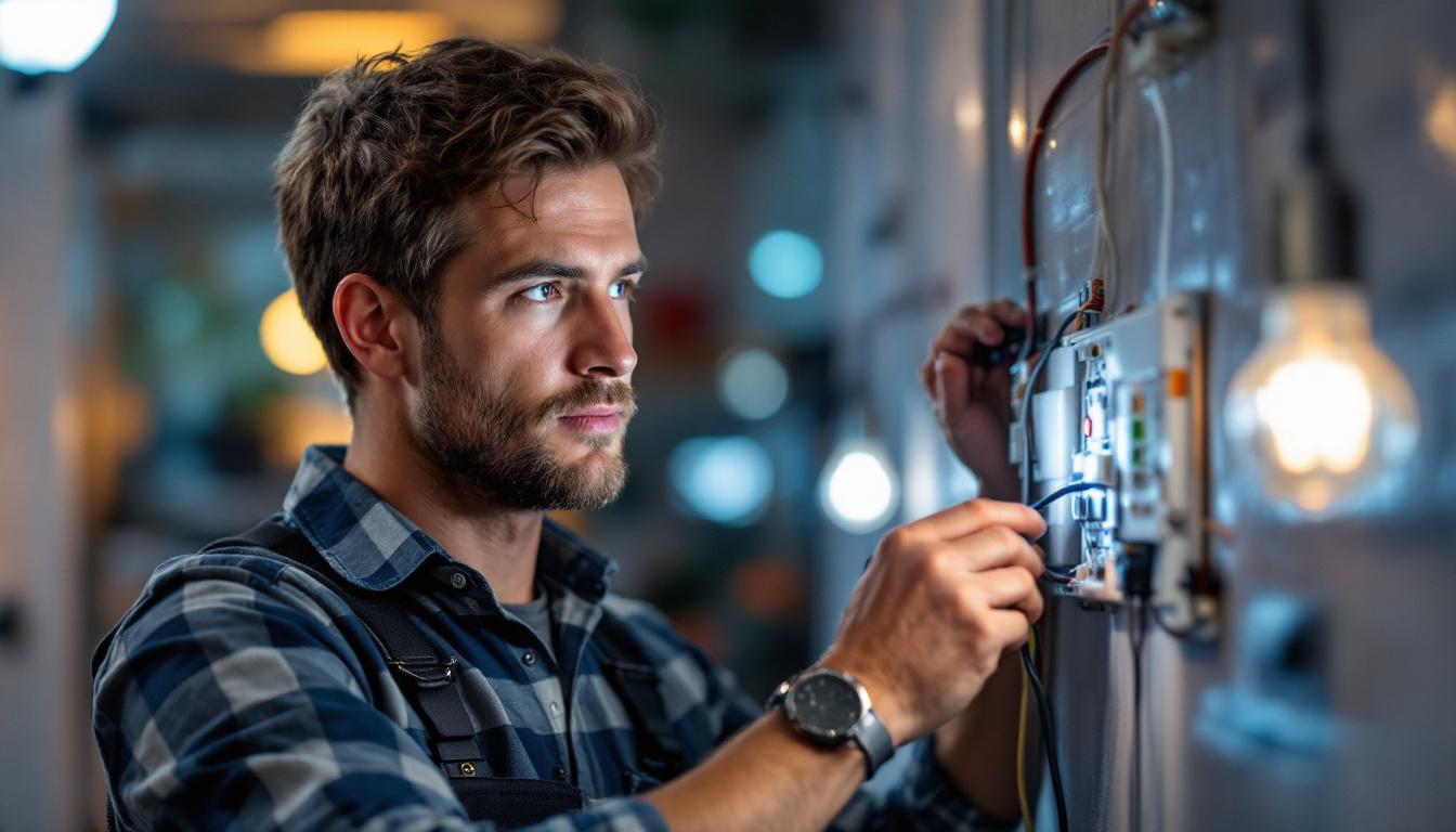 A photograph of a skilled electrical engineer installing or testing a 20 amp switch in a modern lighting setup