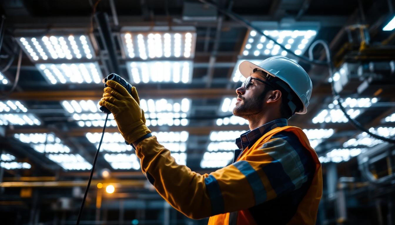 A photograph of a skilled electrical engineer inspecting a large-scale lighting installation
