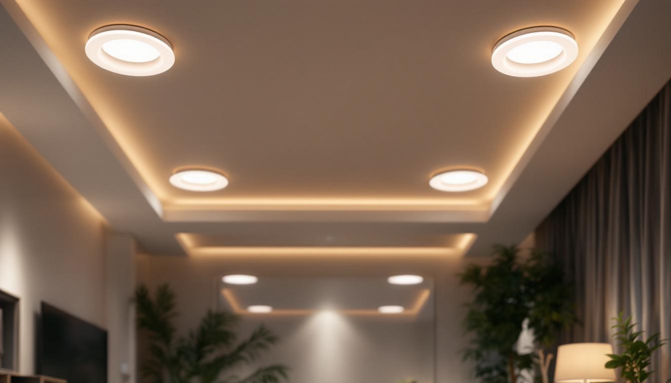 A photograph of a modern living space showcasing recessed led lights installed in the ceiling
