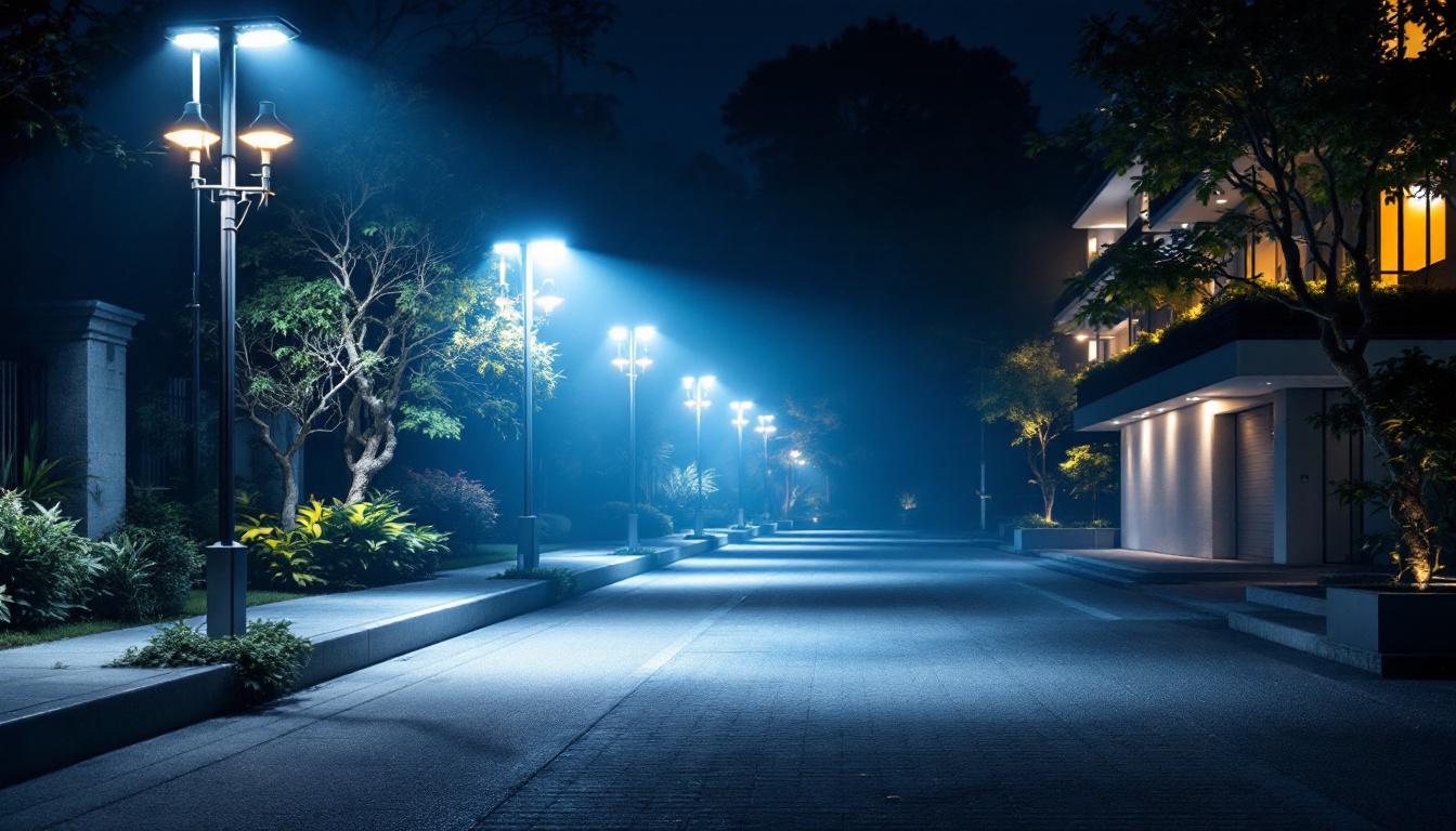A photograph of a well-lit outdoor scene showcasing various led flood lights illuminating different areas