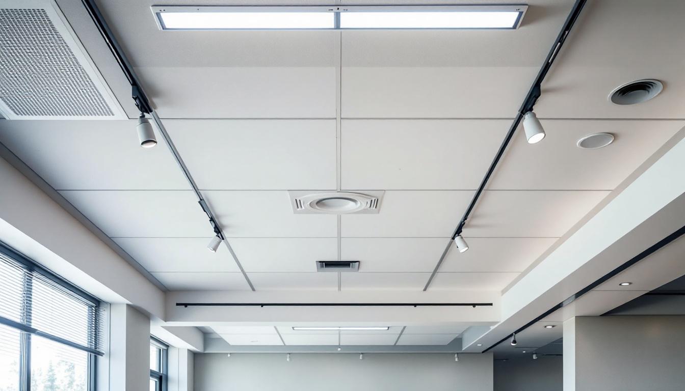 A photograph of a well-lit interior space featuring a drop ceiling