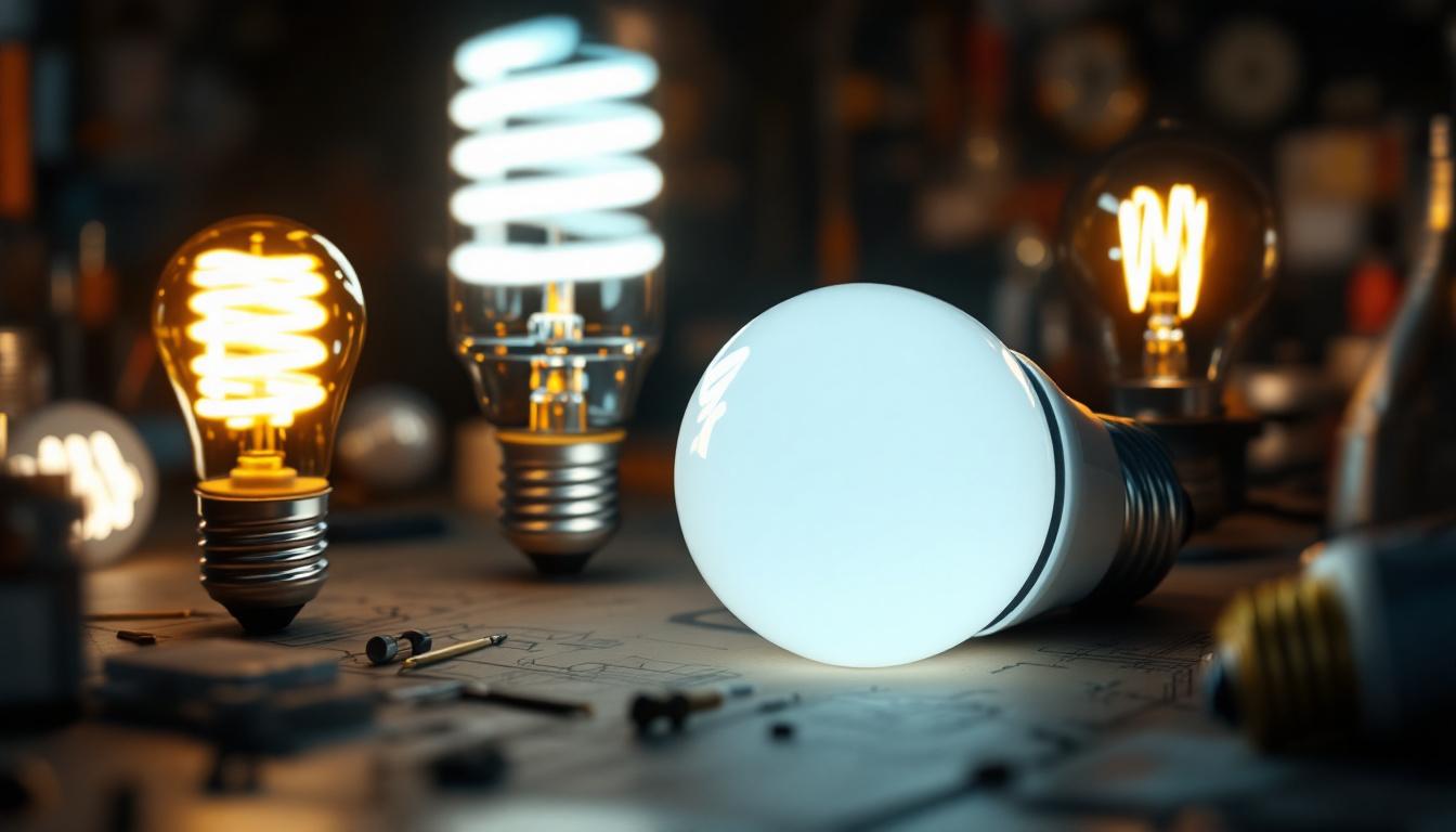 A photograph of a close-up shot of various fluorescent bulbs in different shapes and sizes