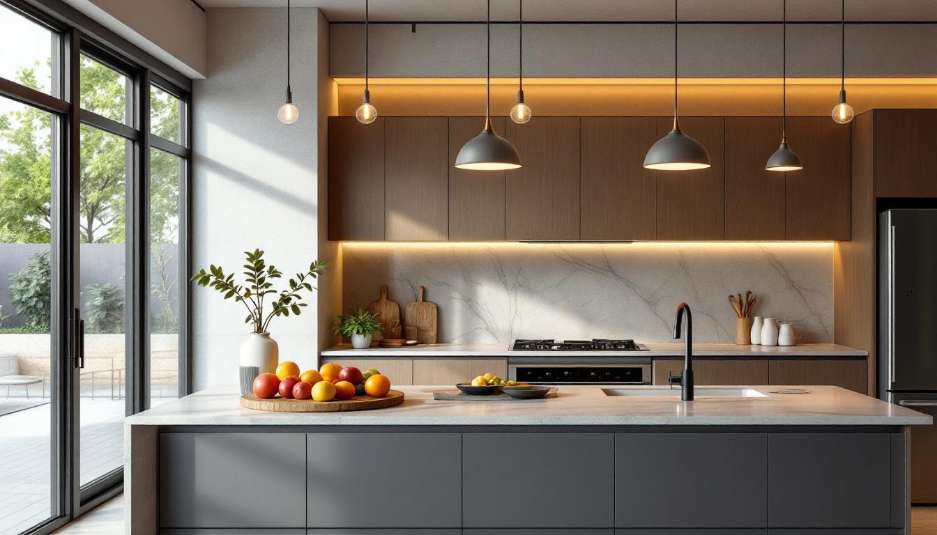 A photograph of a beautifully designed kitchen featuring sleek suspended lighting fixtures that highlight the space's functionality and aesthetics