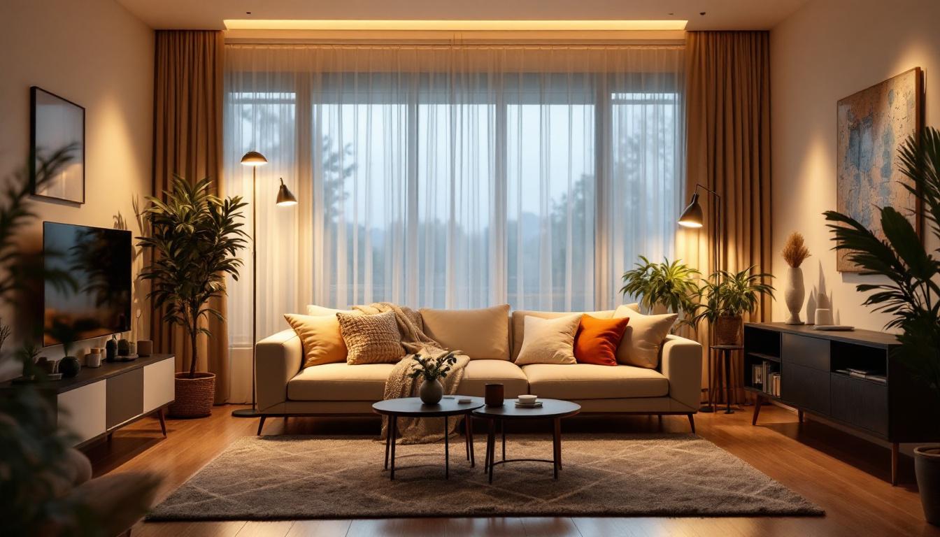A photograph of a beautifully lit living space featuring led pot lights with a dimmer switch in action