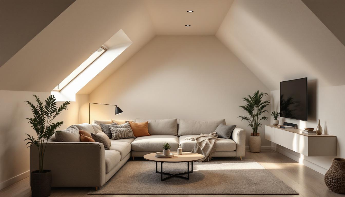 A photograph of a beautifully designed living space featuring recessed can lighting installed on a sloped ceiling