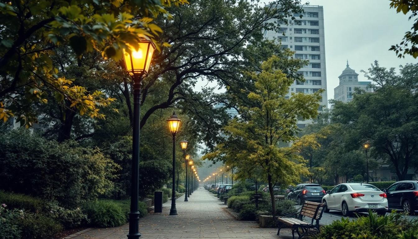 A photograph of a tall lamp post in a well-maintained urban setting