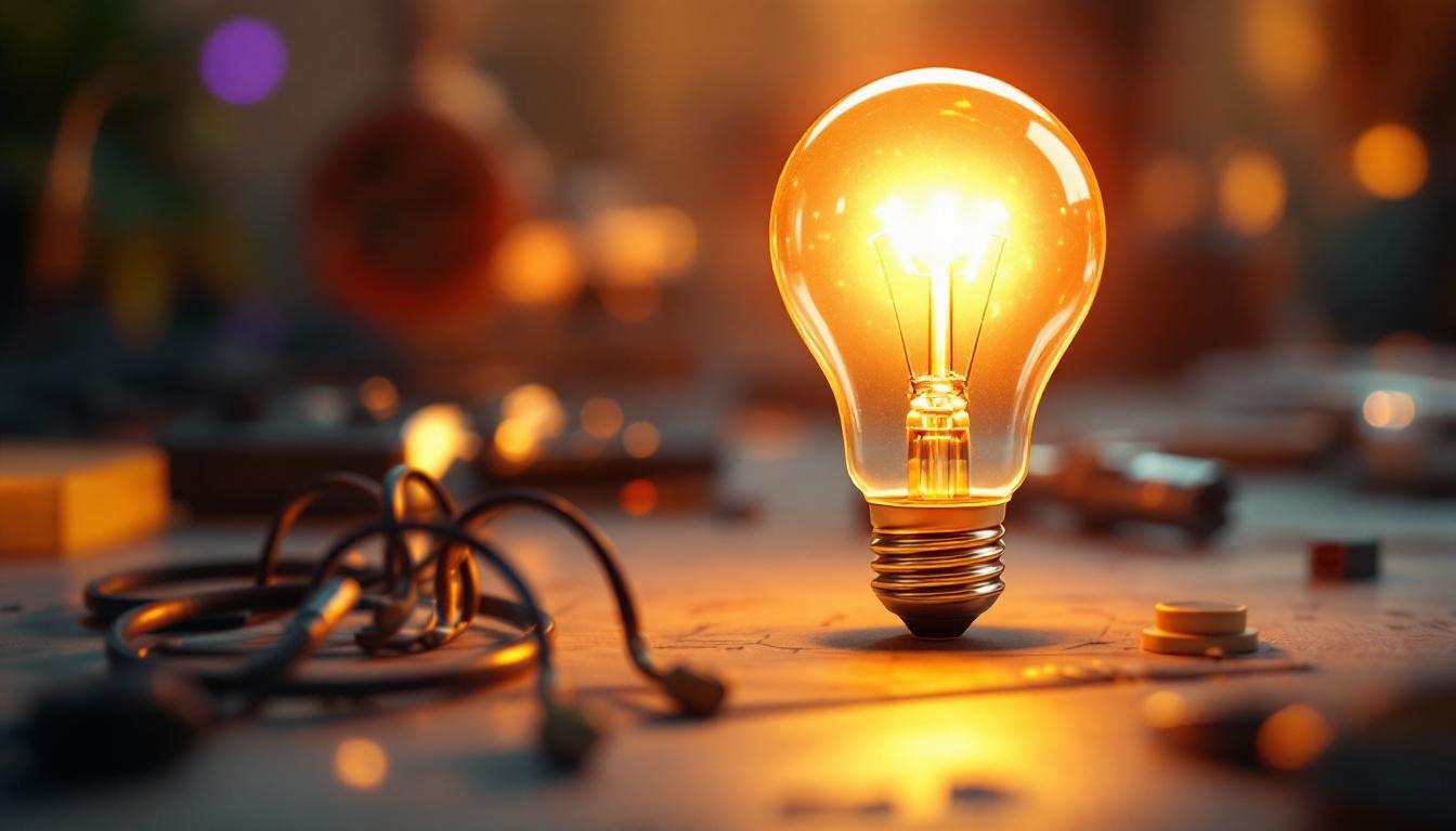 A photograph of a glowing 120v 40w light bulb in an aesthetically pleasing setting