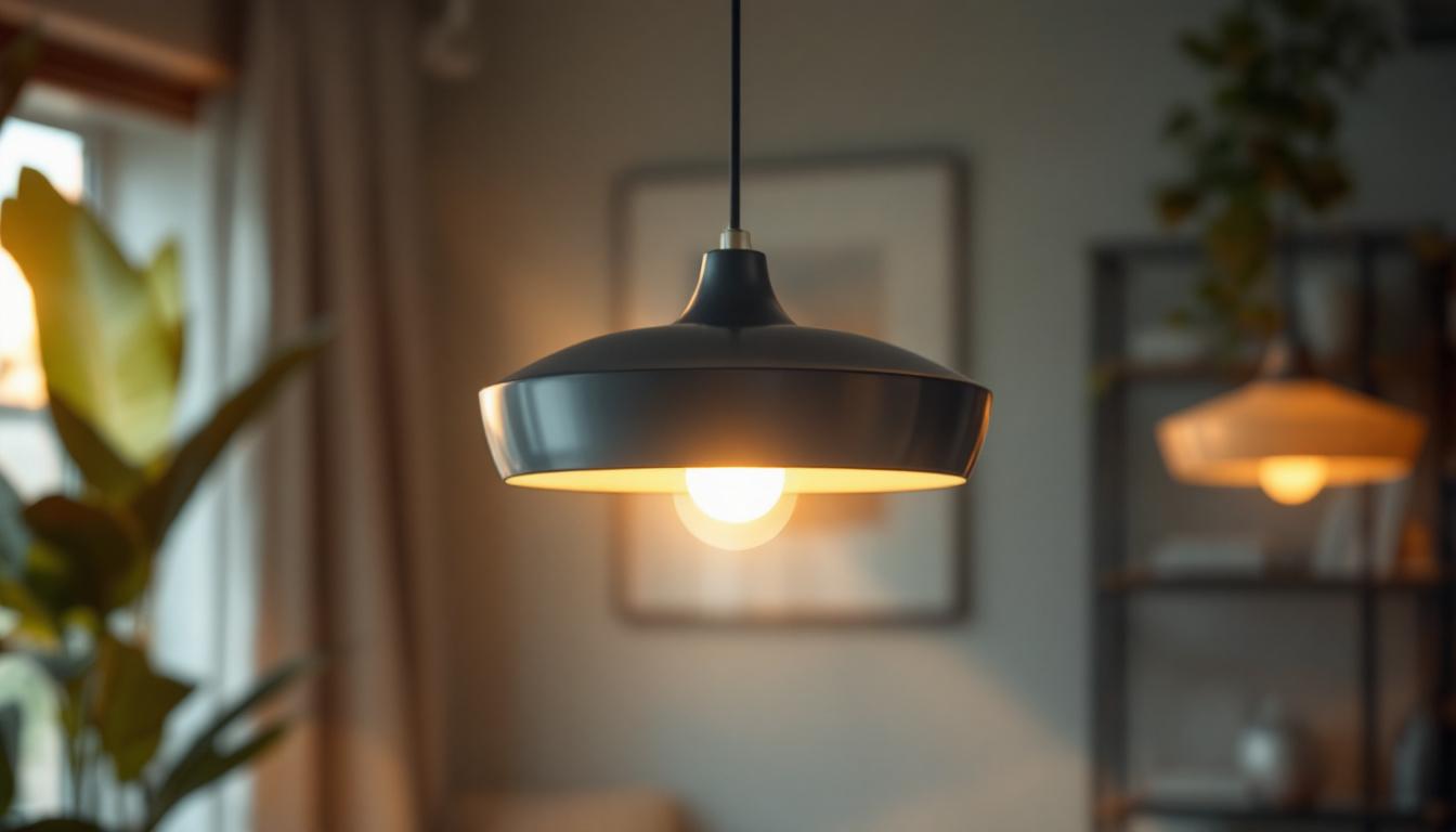A photograph of a beautifully designed modern pendant light shade in a stylish interior setting