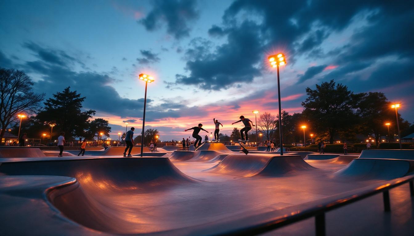 A photograph of a vibrant skate park scene at dusk