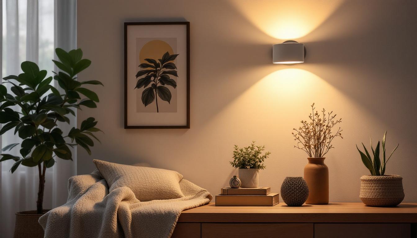 A photograph of a stylishly arranged interior scene featuring affordable sconce lights illuminating a cozy space