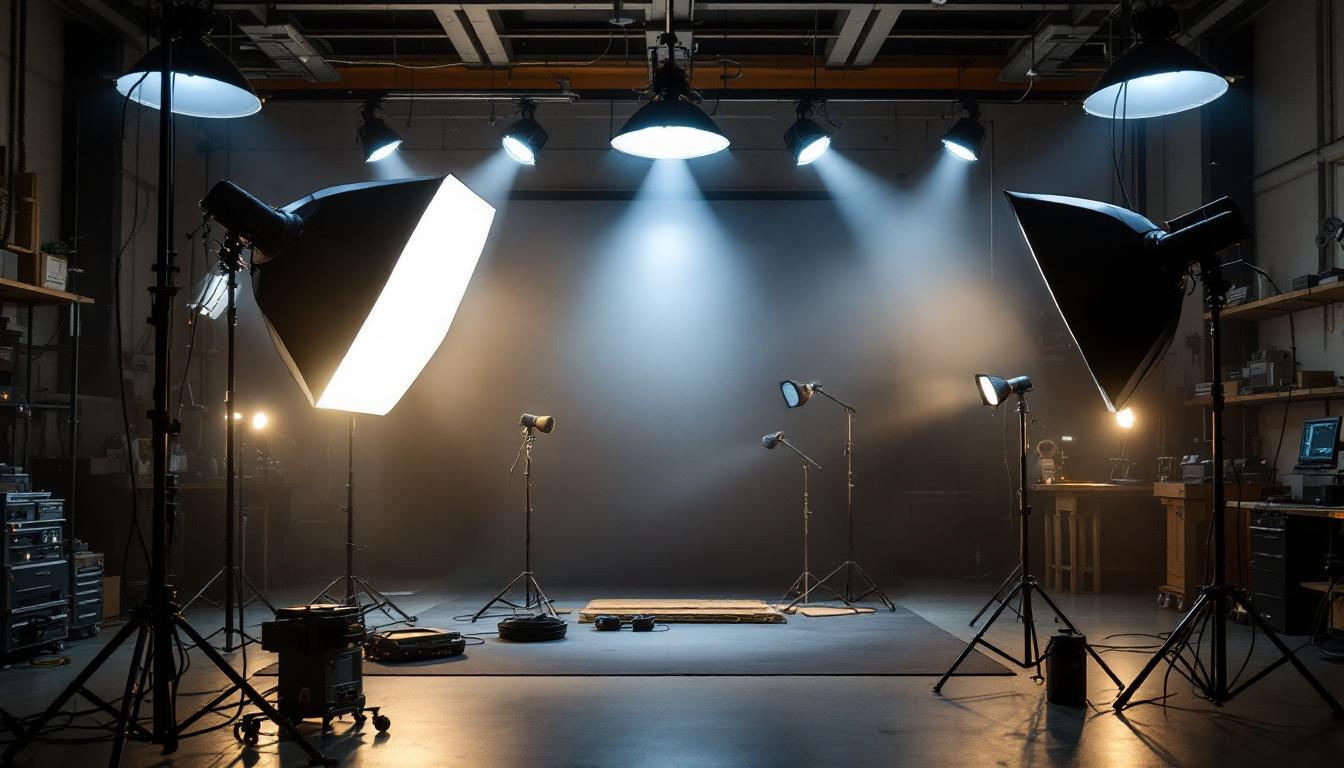 A photograph of a dynamic lighting setup in an engineering workshop