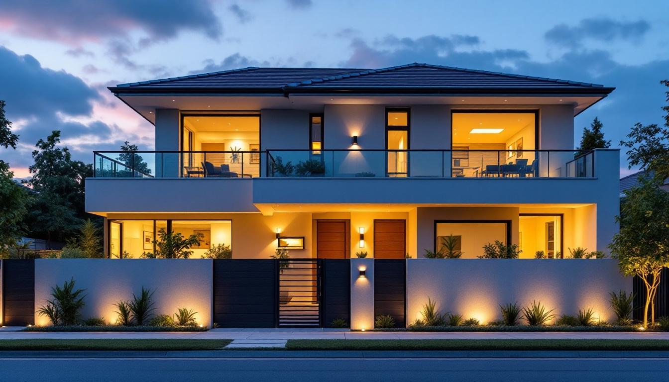 A photograph of a beautifully illuminated exterior wall of a modern home at dusk