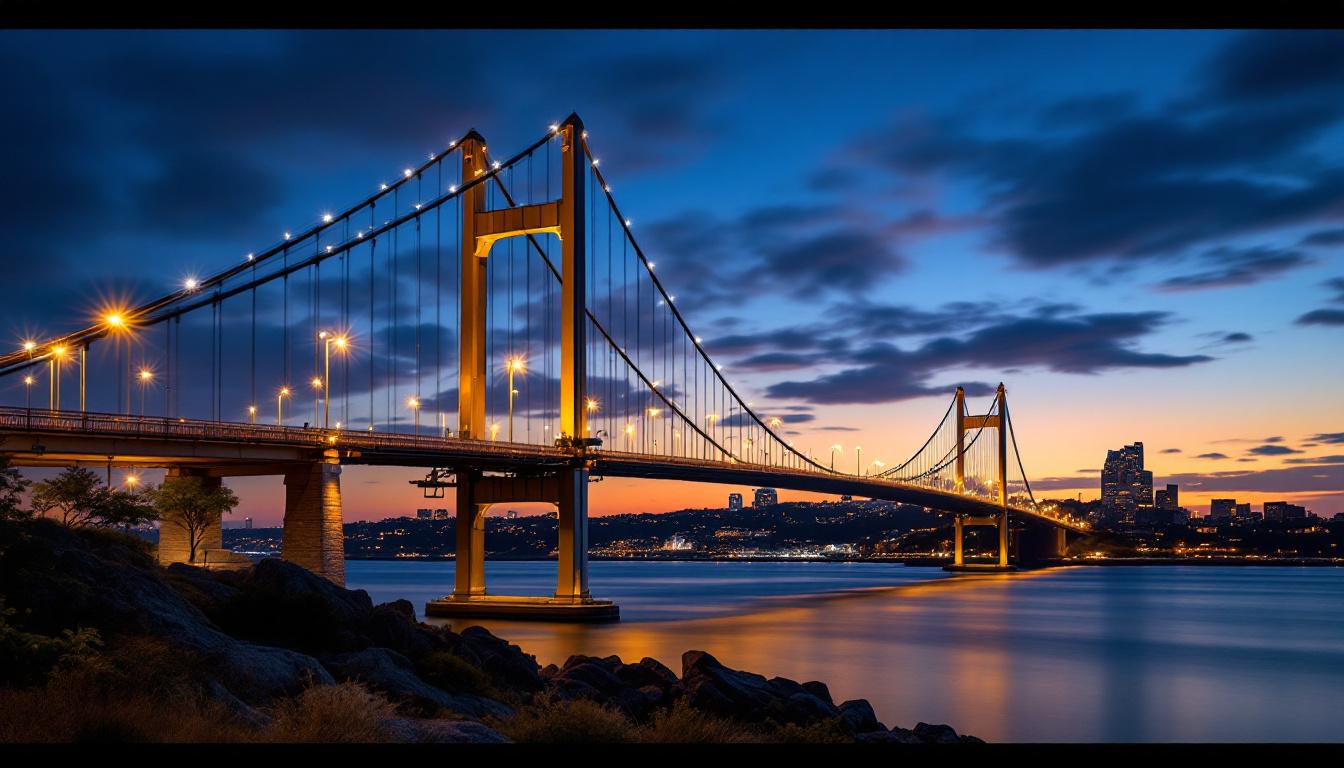 A photograph of a beautifully illuminated bridge at dusk
