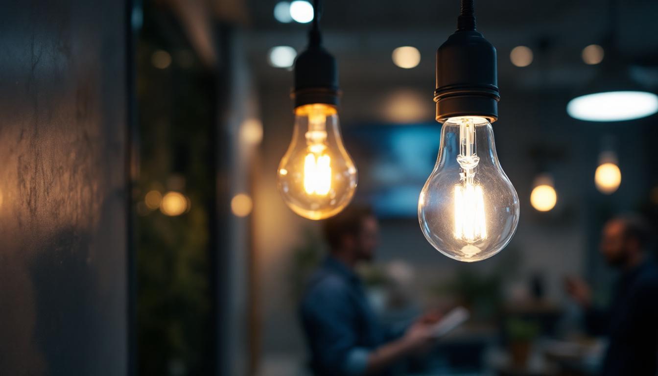 A photograph of a well-lit interior space showcasing a modern led bulb emitting 1100 lumens