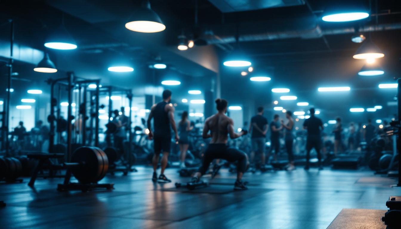 A photograph of a well-lit gym environment showcasing led lighting fixtures in action