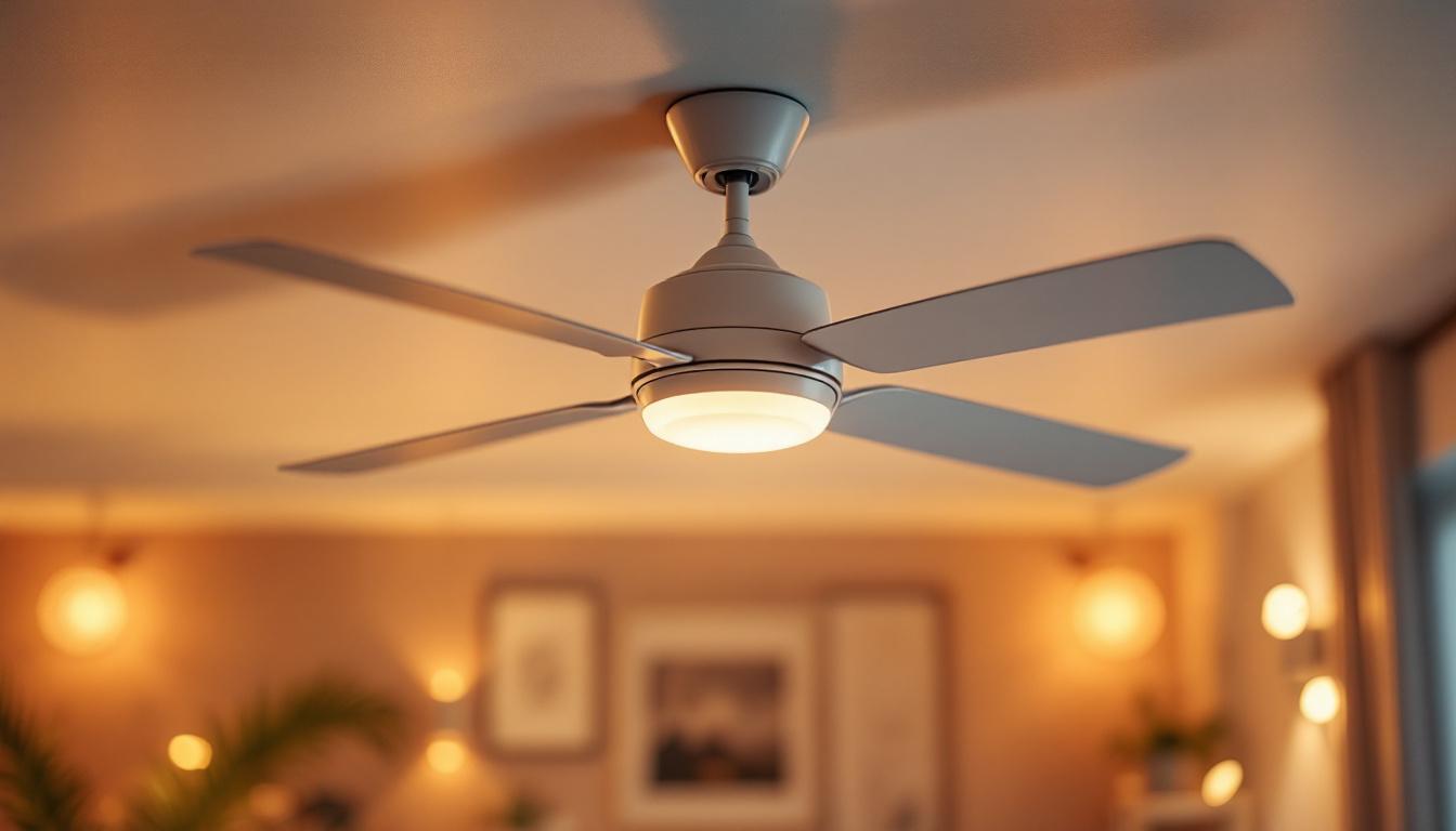 A photograph of a ceiling fan with an integrated speed controller in a well-lit room