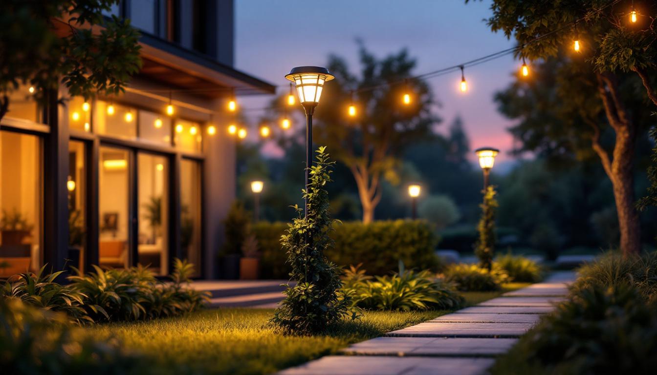 A photograph of a beautifully lit outdoor space showcasing both industrial and commercial waterproof solar lights in use