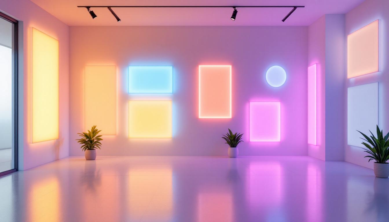 A photograph of a modern interior space featuring vibrant led light panels on the walls