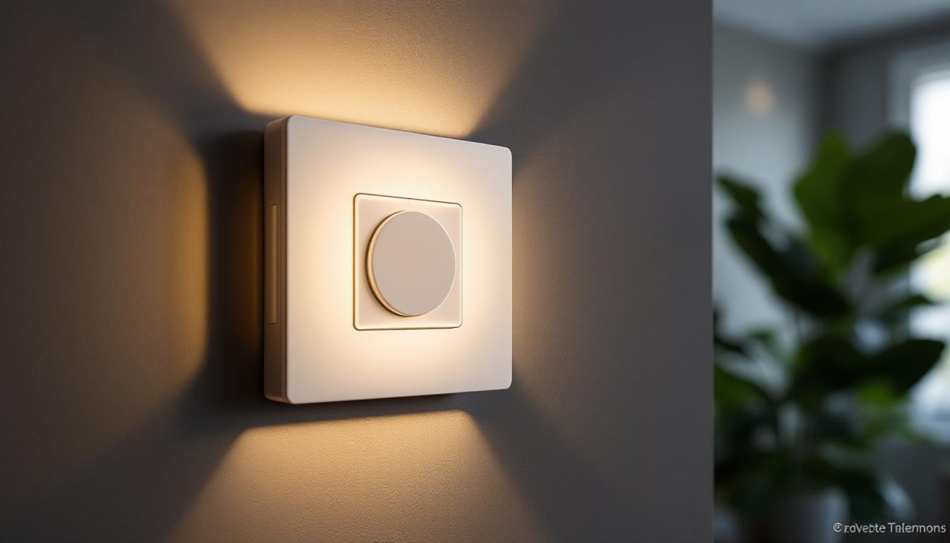 A photograph of a modern leviton wi-fi dimmer switch installed on a stylish wall