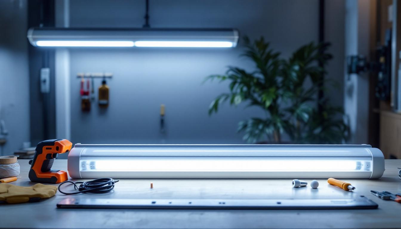 A photograph of a well-lit workspace featuring a 4 ft fluorescent light fixture alongside its led conversion kit