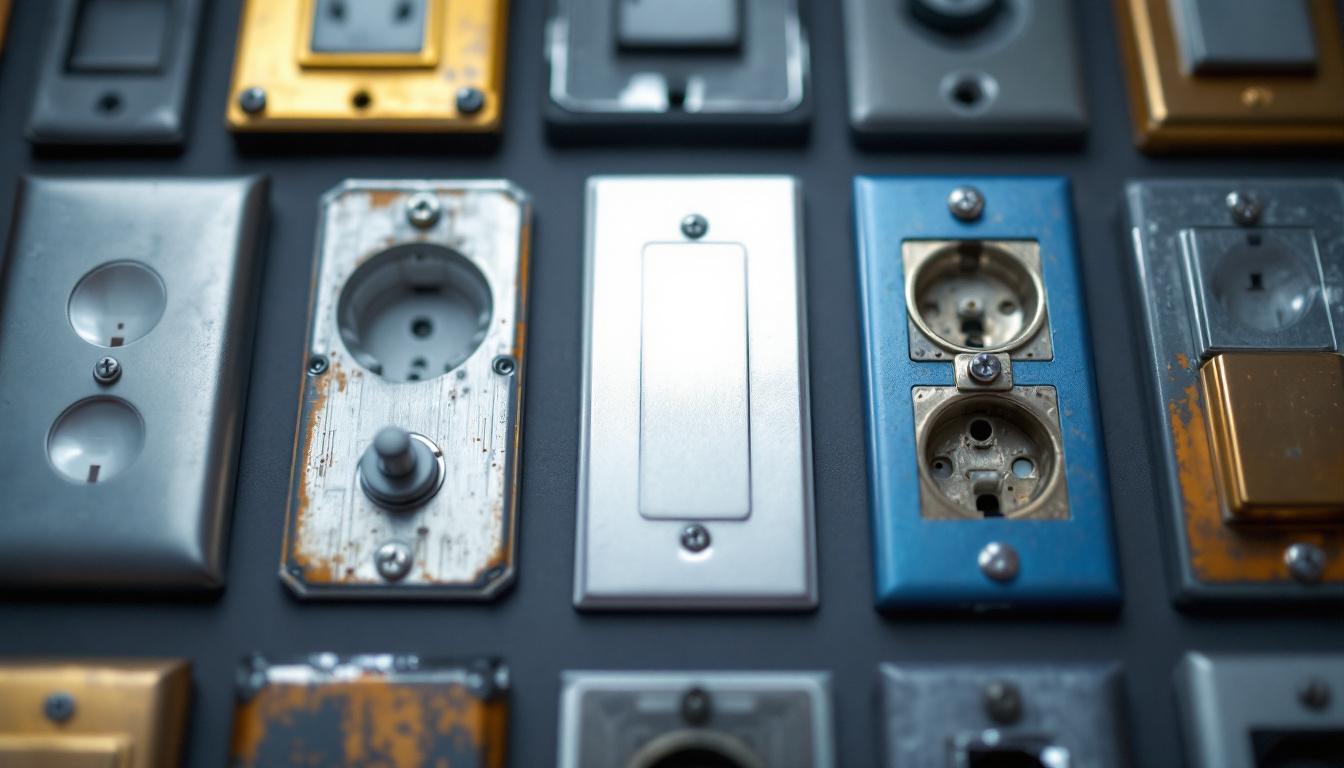 A photograph of a close-up of various cover plates for electrical boxes