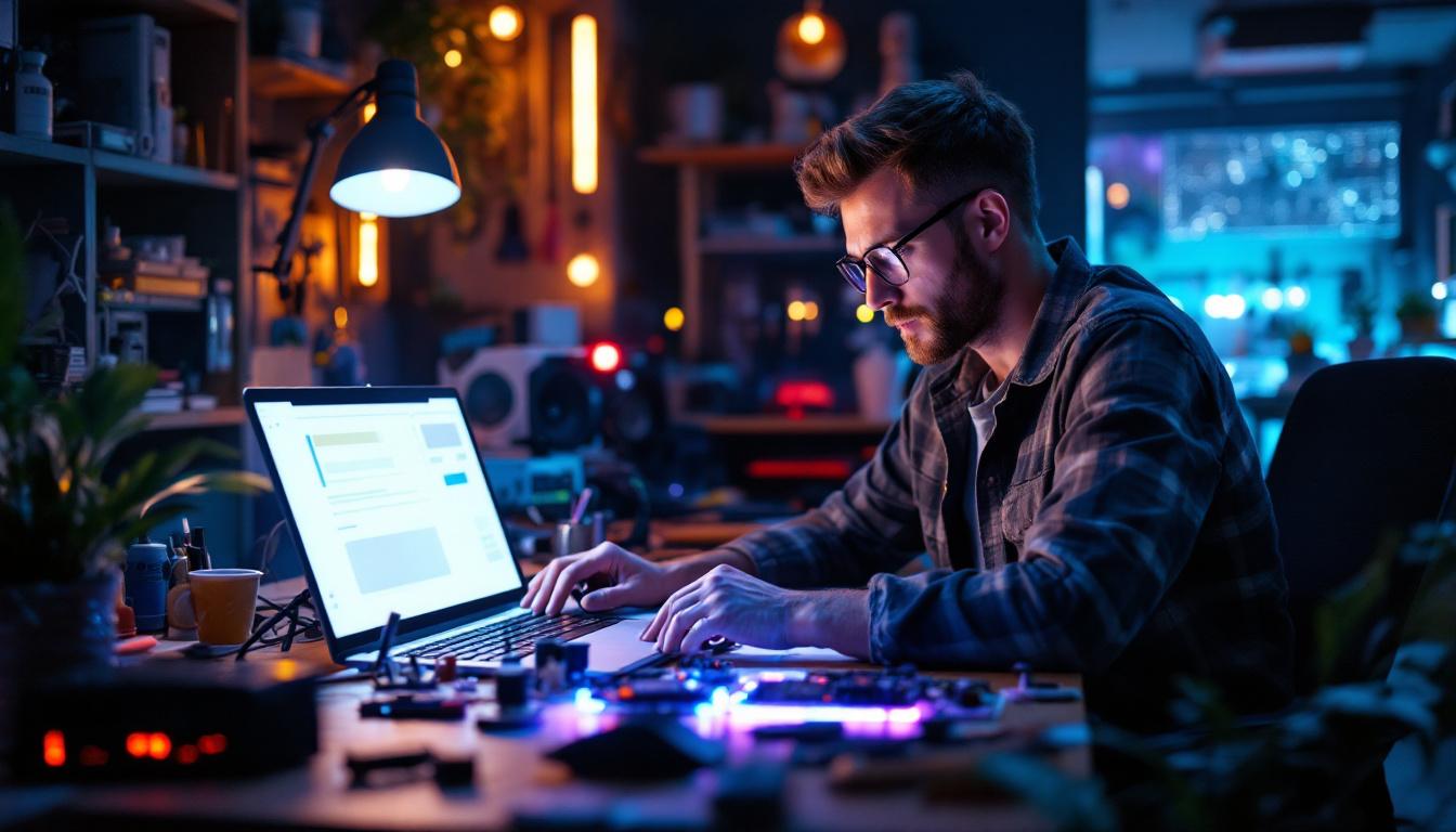 A photograph of a vibrant workspace featuring an electrical engineer surrounded by various led lights