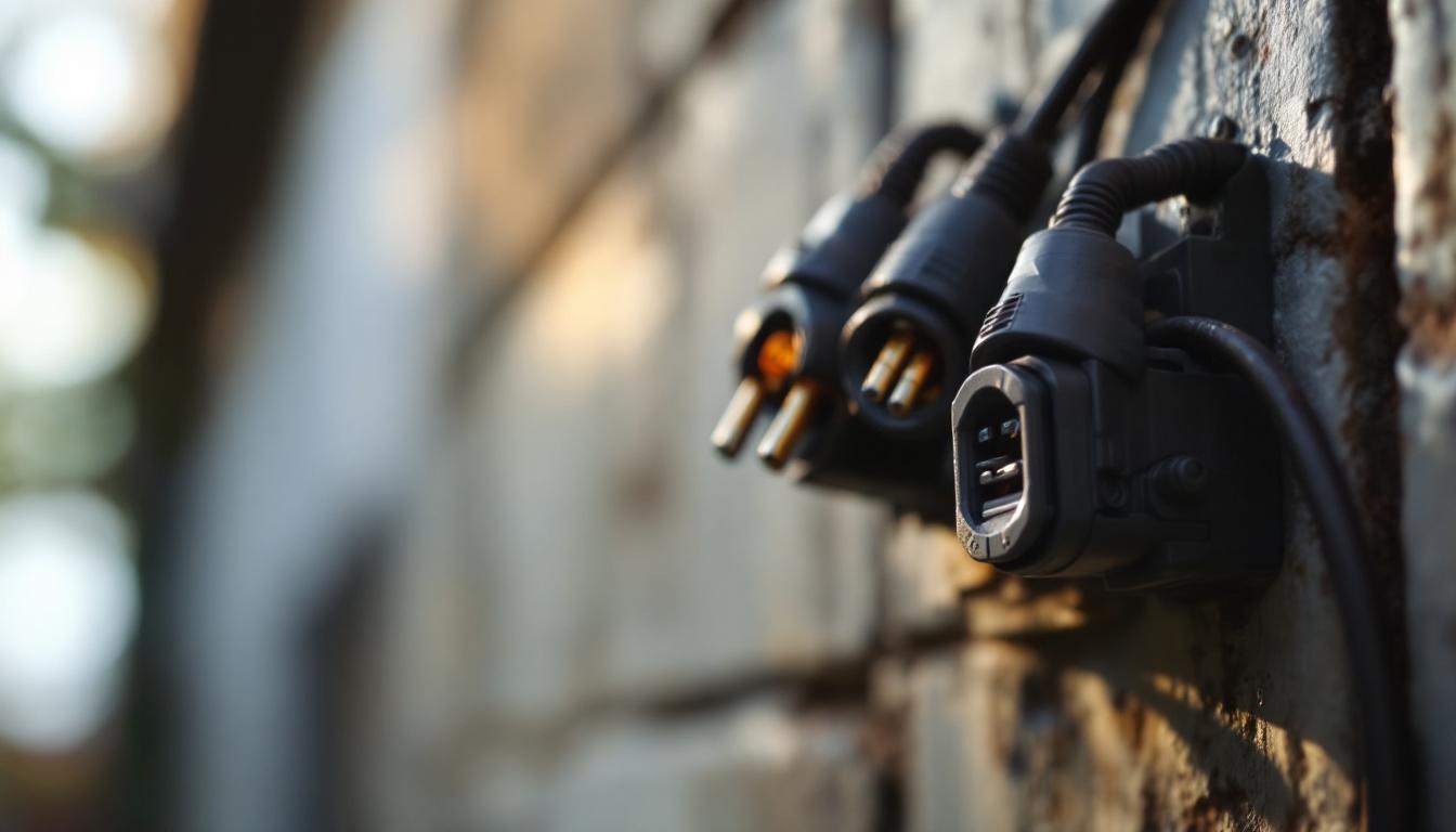 A photograph of a close-up of low voltage outdoor wire connectors in a natural lighting setting