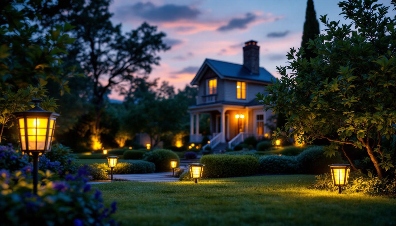 A photograph of a beautifully landscaped yard illuminated by various solar lights at dusk