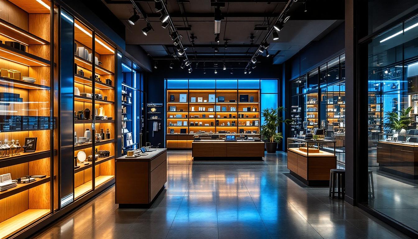A photograph of a well-lit retail environment showcasing innovative lighting solutions