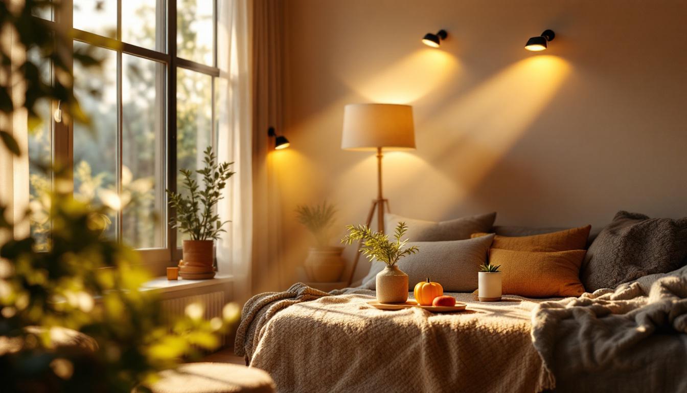A photograph of a cozy indoor space illuminated by solar lights