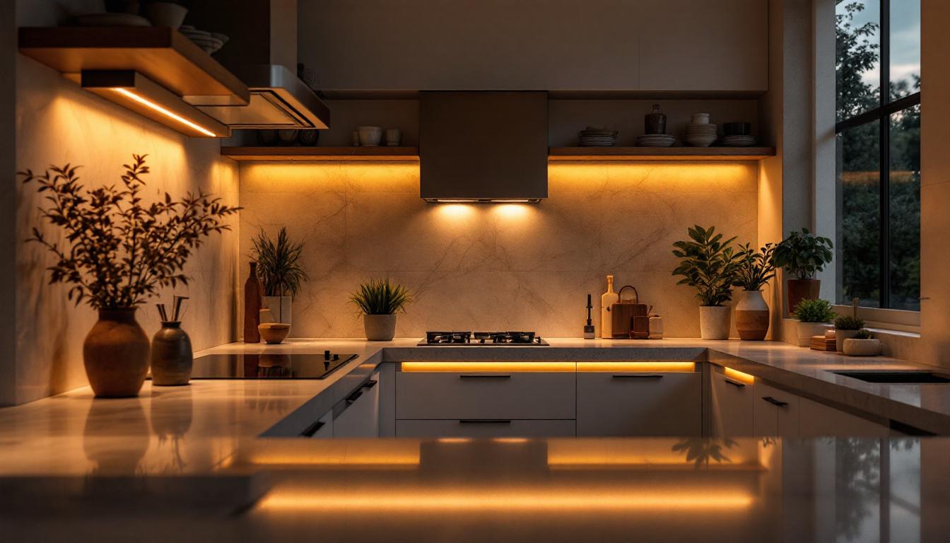 A photograph of a beautifully designed kitchen featuring various under counter lighting options