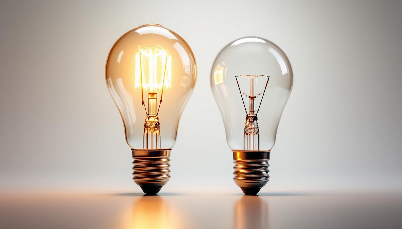 A photograph of a vintage light bulb alongside a modern led bulb