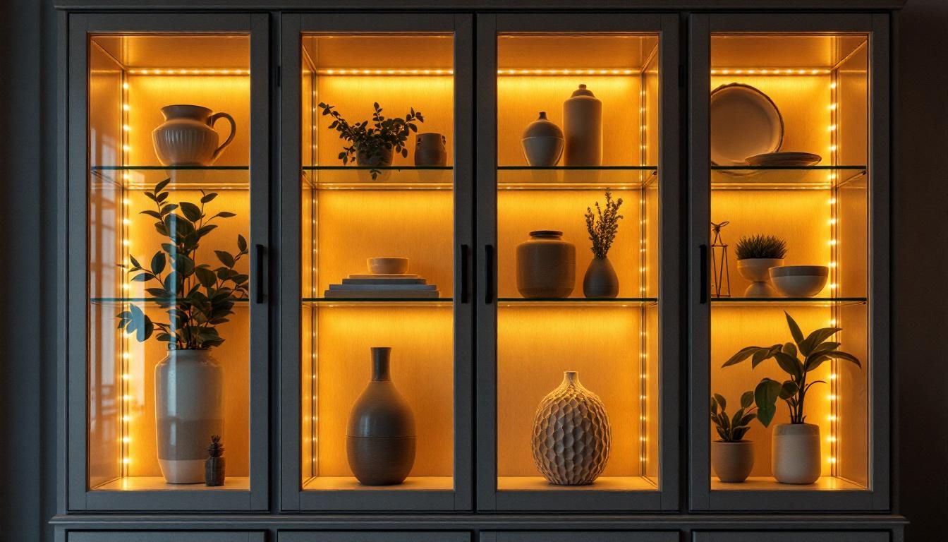 A photograph of a beautifully styled glass cabinet illuminated by warm led lights