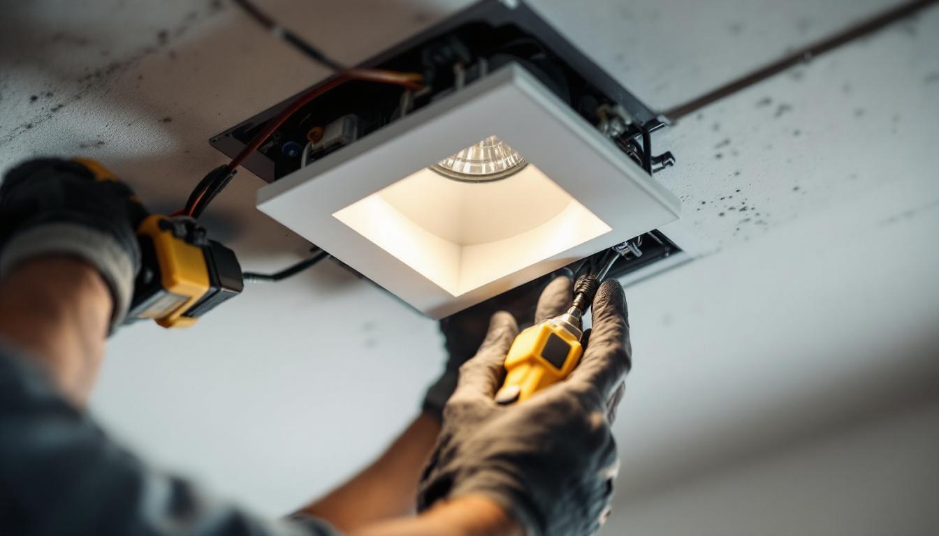 A photograph of a close-up view of an 8-inch square recessed light being installed in a ceiling