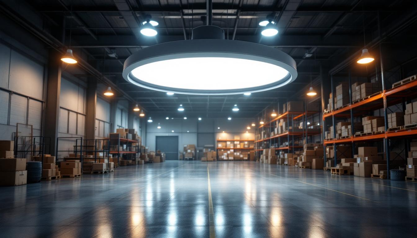 A photograph of a well-lit commercial warehouse interior showcasing various lighting fixtures in use