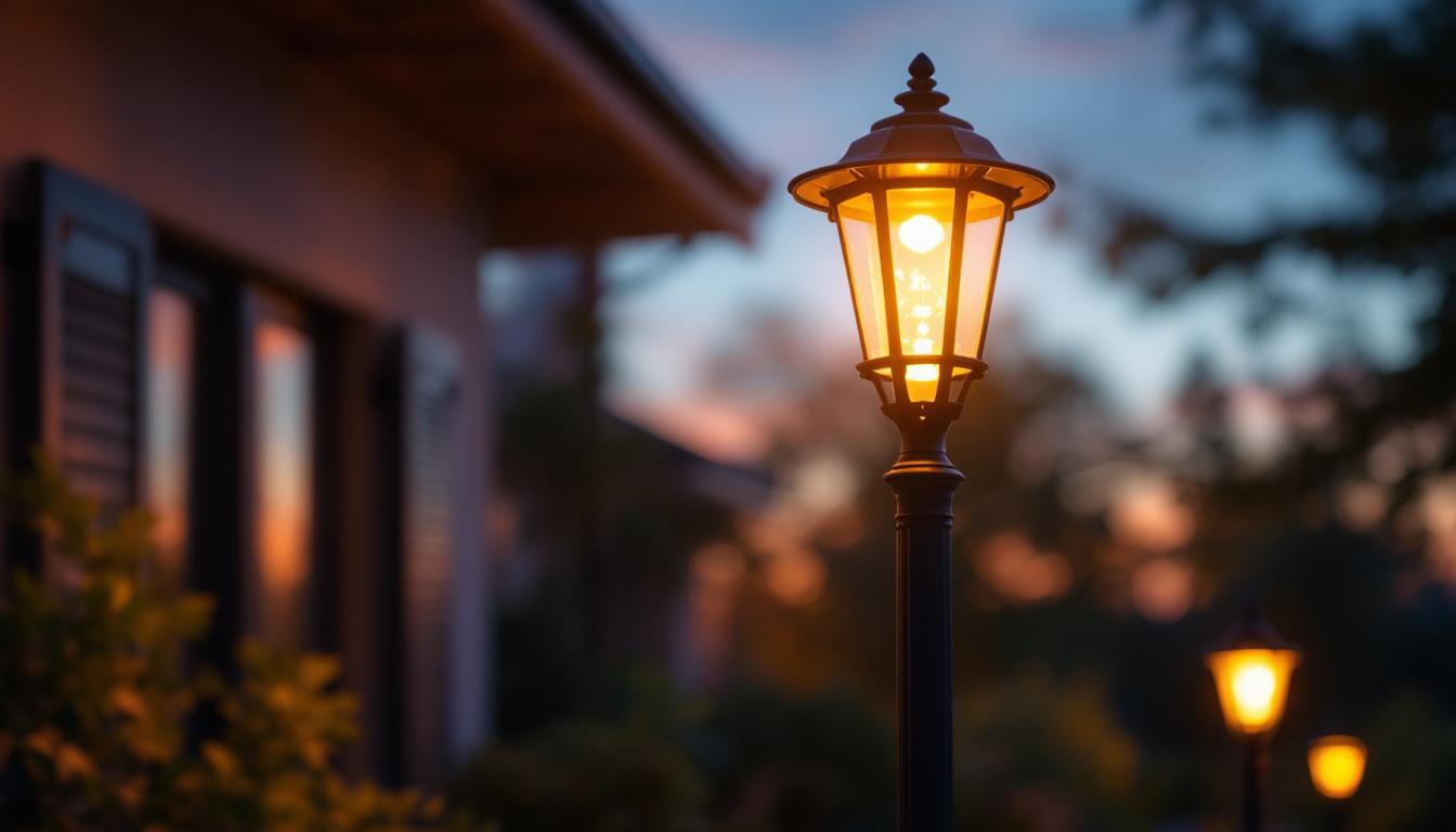A photograph of a beautifully illuminated decorative pole light installed in an outdoor setting