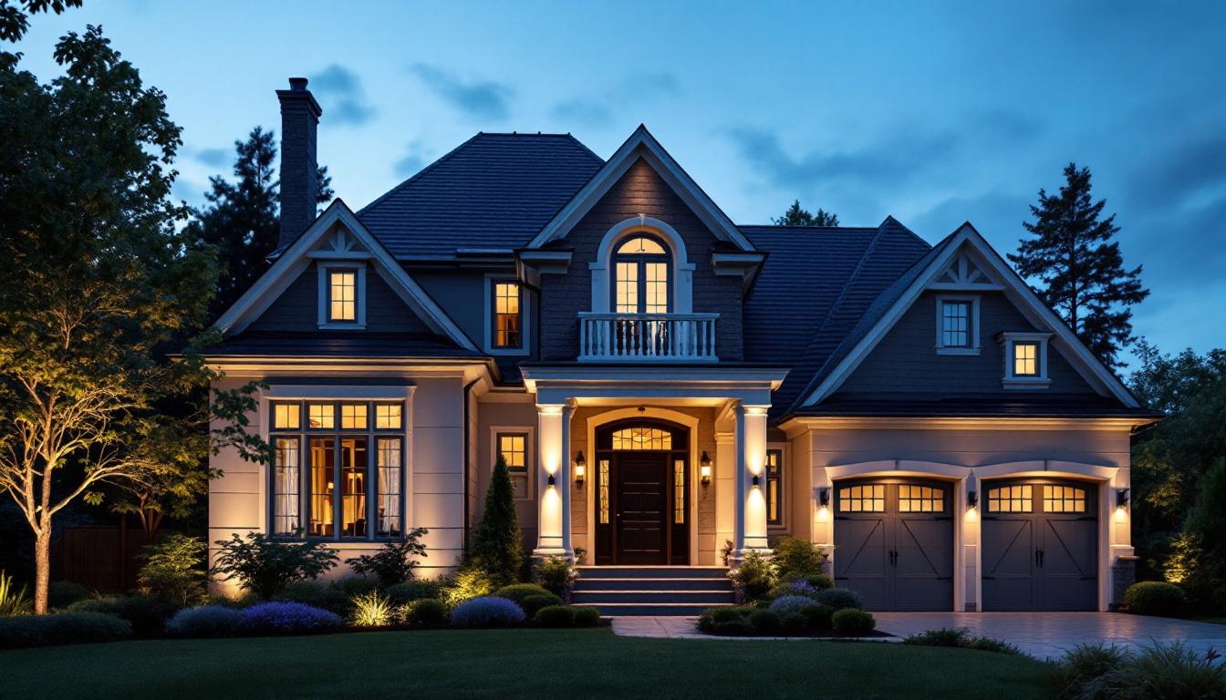 A photograph of a beautifully illuminated exterior of a house at dusk