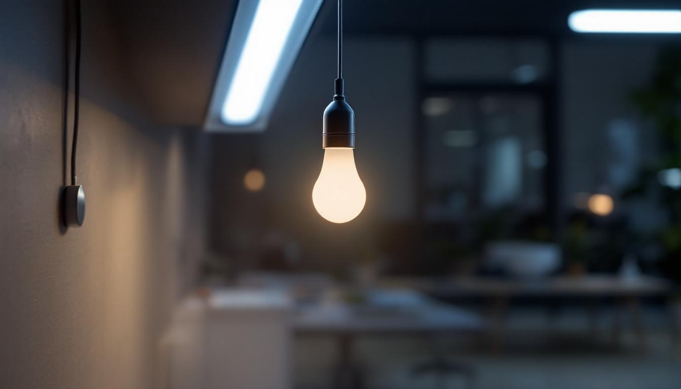 A photograph of a t8 ballast bypass led bulb illuminated in a modern workspace setting
