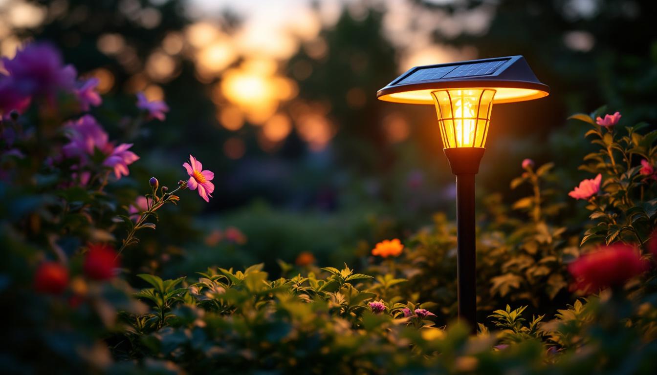 A photograph of a vibrant solar garden light illuminating a lush garden at dusk