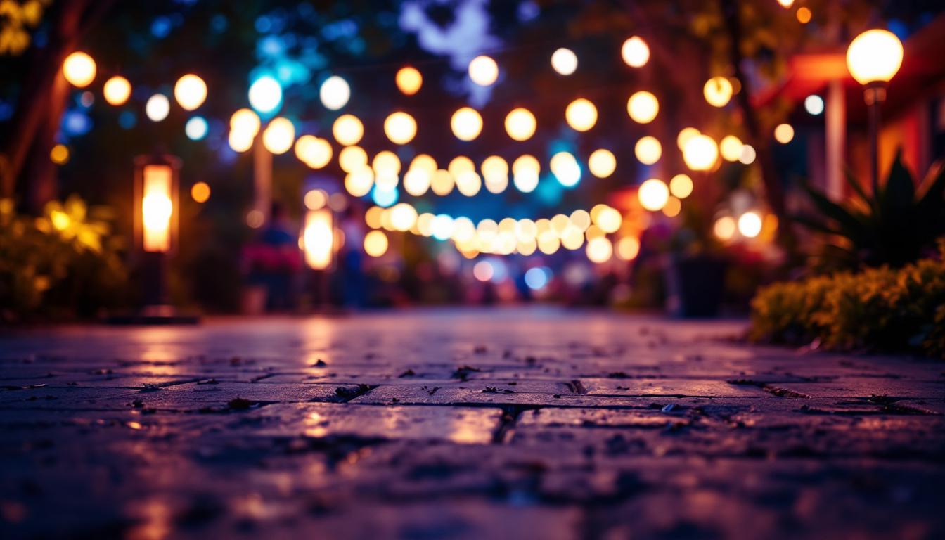 A photograph of a vibrant outdoor setting illuminated by various high-intensity flood light bulbs