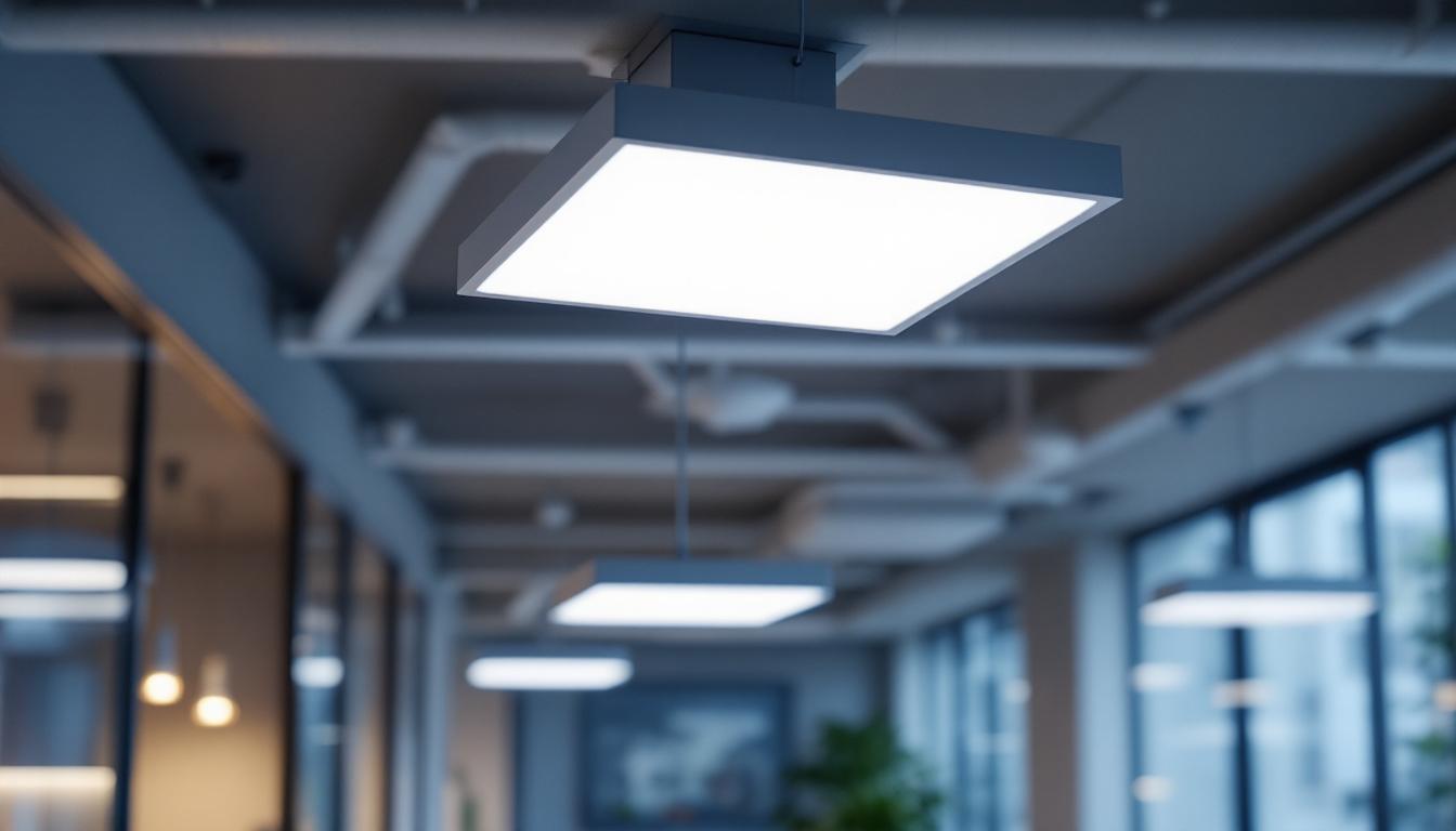 A photograph of a modern troffer fixture installed in a contemporary office or commercial space
