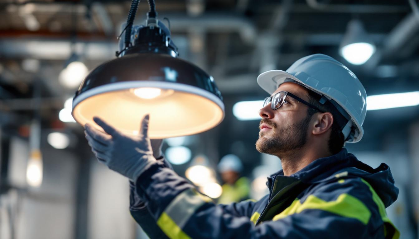 A photograph of a lighting engineer meticulously inspecting a ul listed light fixture in a well-lit environment